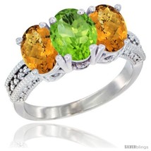 Size 5 - 14K White Gold Natural Peridot Ring with Whisky Quartz 3-Stone 7x5 mm  - £575.62 GBP