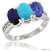 Size 6 - 10K White Gold Natural Blue Sapphire, Turquoise &amp; Tanzanite Ring  - £535.58 GBP