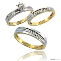 Size 8 - 10k Yellow Gold Diamond Trio Wedding Ring Set His 5mm &amp; Hers  - £633.23 GBP