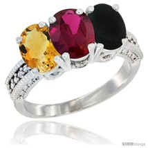 Size 8 - 10K White Gold Natural Citrine, Ruby &amp; Black Onyx Ring 3-Stone Oval  - £424.51 GBP