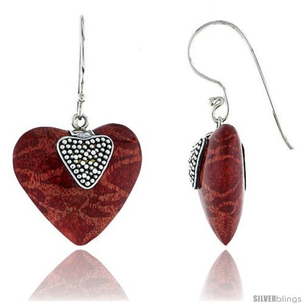 Sterling Silver Heart Natural Red Coral Earrings 3/4in  (20  - £32.85 GBP