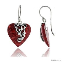 Sterling Silver Heart Natural Red Coral Earrings 13/16in  (21  - £32.97 GBP
