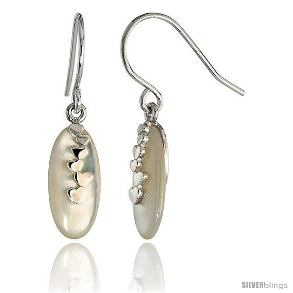 Primary image for Oval-shaped Mother of Pearl Dangle Earrings w/ Hearts in Sterling Silver, 