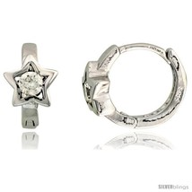 Sterling Silver Star Huggie Hoop Earrings w/ Brilliant Cut CZ Stone, 3/8in  (10  - £22.08 GBP