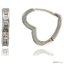 Sterling Silver Heart-shaped Huggie Hoop Earrings w/ Brilliant Cut CZ St... - £27.03 GBP