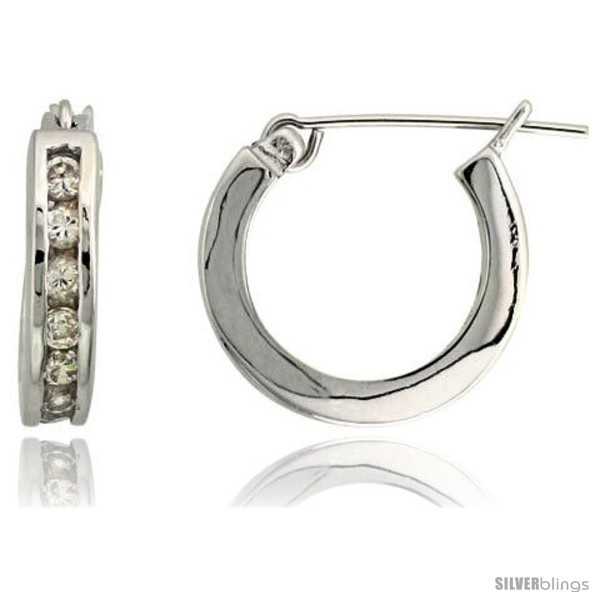 Primary image for Sterling Silver Huggie Hoop Earrings w/ Brilliant Cut CZ Stones, 9/16in  (14 