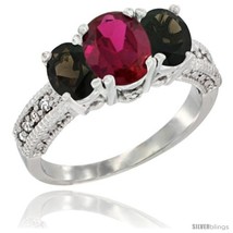 14k white gold ladies oval natural ruby 3 stone ring smoky topaz sides diamond accent thumb200