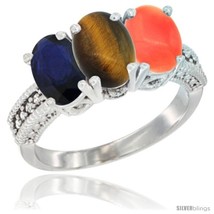 Size 6.5 - 10K White Gold Natural Blue Sapphire, Tiger Eye &amp; Coral Ring 3-Stone  - £470.01 GBP