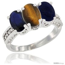 Size 10 - 10K White Gold Natural Blue Sapphire, Tiger Eye &amp; Lapis Ring 3-Stone  - £468.61 GBP
