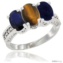 Size 6 - 10K White Gold Natural Blue Sapphire, Tiger Eye &amp; Lapis Ring 3-Stone  - £460.78 GBP