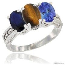 Size 5 - 10K White Gold Natural Blue Sapphire, Tiger Eye &amp; Tanzanite Ring  - £503.03 GBP