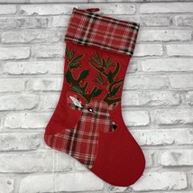 Stocking Red Reindeer Face Red White Plaid Cuff Embroidered Holly Beads 17&quot; - £11.95 GBP