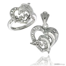 Sterling silver dolphins heart love ring pendant set cz stones rhodium finished thumb200