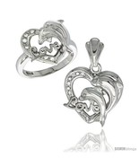 Size 6 - Sterling Silver DOLPHINS HEART LOVE Ring &amp; Pendant Set CZ Stones  - £82.70 GBP