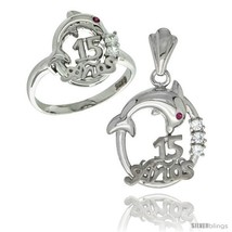 Size 6 - Sterling Silver Quinceanera 15 ANOS Dolphin Ring &amp; Pendant Set CZ  - £68.28 GBP