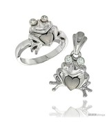 Size 6 - Sterling Silver Frog &amp; Heart Ring &amp; Pendant Set CZ Stones Rhodium  - £72.18 GBP