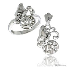 Size 5 - Sterling Silver Quinceanera 15 ANOS Butterfly Ring & Pendant Set CZ  - $87.84