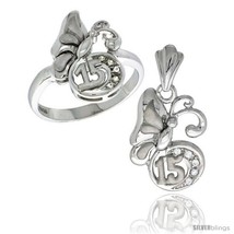 Size 7 - Sterling Silver Quinceanera 15 ANOS Butterfly Ring &amp; Pendant Se... - £69.40 GBP