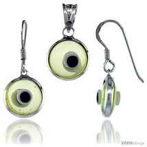 Sterling Silver Translucent Light Yellow Color Evil Eye Pendant &amp; Earrings  - £14.10 GBP