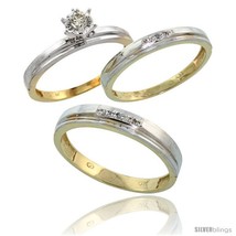 Size 6 - 10k Yellow Gold Diamond Trio Wedding Ring Set His 4mm &amp; Hers  - £535.64 GBP