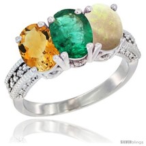 Size 6.5 - 10K White Gold Natural Citrine, Emerald &amp; Opal Ring 3-Stone Oval 7x5  - $591.75