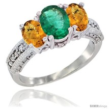 Size 9.5 - 14k White Gold Ladies Oval Natural Emerald 3-Stone Ring with Whisky  - £601.91 GBP