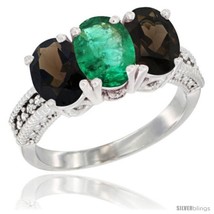 Size 6 - 14K White Gold Natural Emerald &amp; Smoky Topaz Ring 3-Stone 7x5 mm Oval  - £604.66 GBP