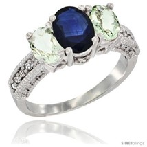 Size 6.5 - 14k White Gold Ladies Oval Natural Blue Sapphire 3-Stone Ring with  - £607.73 GBP