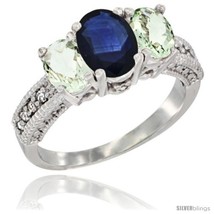 Size 8.5 - 14k White Gold Ladies Oval Natural Blue Sapphire 3-Stone Ring with  - £604.32 GBP