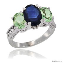 Gold ladies 3 stone oval natural blue sapphire ring green amethyst sides diamond accent thumb200