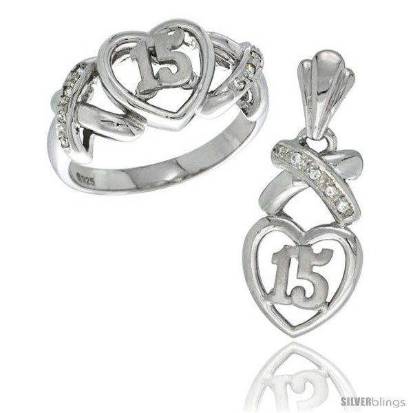 Primary image for Size 6 - Sterling Silver Quinceanera 15 Anos Heart Ring & Pendant Set CZ Stones 