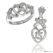 Size 5 - Sterling Silver Quinceanera 15 Anos Heart Ring & Pendant Set CZ Stones  - £70.41 GBP