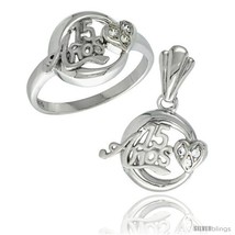 Sterling silver quinceanera 15 anos w heart ring pendant set cz stones rhodium finished thumb200