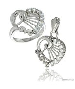 Size 8 - Sterling Silver LOVE Heart Ring &amp; Pendant Set CZ Stones Rhodium  - £81.71 GBP