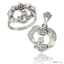 Size 5 - Sterling Silver Quinceanera 15 ANOS Heart Wreath Ring &amp; Pendant Set CZ  - $98.33