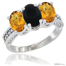 Size 6 - 14K White Gold Natural Black Onyx Ring with Whisky Quartz 3-Stone 7x5  - £563.88 GBP