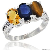 Size 9 - 10K White Gold Natural Citrine, Blue Sapphire &amp; Tiger Eye Ring 3-Stone  - £478.37 GBP