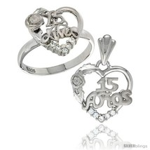 Size 5 - Sterling Silver Quinceanera 15 ANOS Rose Ring & Pendant Set CZ Stones  - $83.86