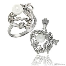 Size 5 - Sterling Silver Heart LOVE Bow w/ Faux Pearl Ring &amp; Pendant Set... - £93.55 GBP