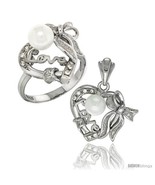 Size 5 - Sterling Silver Heart LOVE Bow w/ Faux Pearl Ring &amp; Pendant Set... - £93.26 GBP