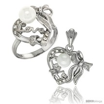 Sterling silver heart love bow w faux pearl ring pendant set cz stones rhodium finished thumb200