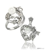 Size 7 - Sterling Silver Heart LOVE Bow w/ Faux Pearl Ring &amp; Pendant Set... - £93.26 GBP