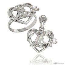 Size 7 - Sterling Silver No. 1 Madre w/ Cupid's Bow Heart Ring & Pendant Set CZ  - $85.16