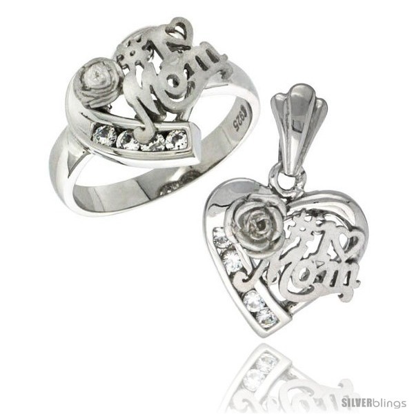 Primary image for Size 6 - Sterling Silver No. 1 MOM Heart Love Ring & Pendant Set CZ Stones 