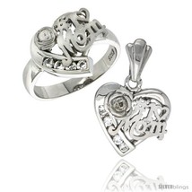 Size 6 - Sterling Silver No. 1 MOM Heart Love Ring & Pendant Set CZ Stones  - $89.12