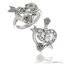 Size 8 - Sterling Silver LOVE MOM w/ Cupid&#39;s Bow &amp; Rose Heart Ring &amp; Pendant  - £88.57 GBP