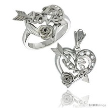 Size 7 - Sterling Silver LOVE MOM w/ Cupid&#39;s Bow &amp; Rose Heart Ring &amp; Pendant  - £88.57 GBP