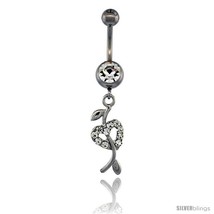 Surgical Steel Double Heart &amp; Vine Belly Button Ring w/ Crystals, 1 1/4 ... - $12.25