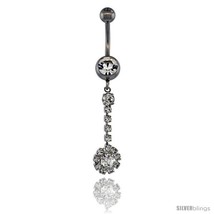 Surgical Steel Flower Belly Button Ring w/ Crystals, 1 1/2 in (38 mm) tall  - £9.77 GBP