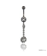 Surgical Steel Flower Belly Button Ring w/ Crystals, 1 1/2 in (38 mm) tall  - £9.79 GBP